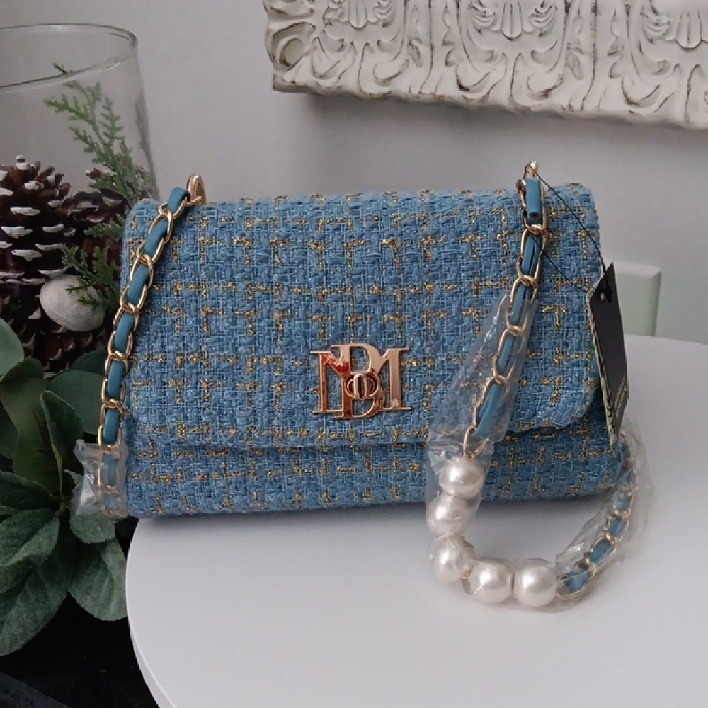 Badgley Mischka Blue Tweed Crossbody Bag with Gold Accents